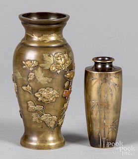 Two Japanese mixed metal bronze vases