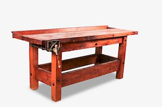An American Stained Hardwood Work Table with a Columbian Cleveland Vice, 20th Century.