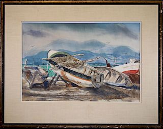 Jay Omelia 20th C. W/C of Beached Fishing Boats