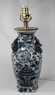Chinese Blue/White Urn Form Lamp, Signed