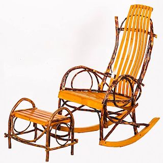 A Rustic Willow Rocking Chair with Ottoman, 20th Century.