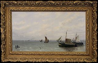 French School, 19th C. Coastal Scene w/ Sailboats