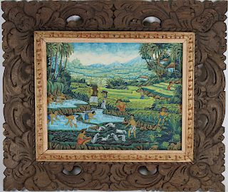 Vintage Indonesian Painting in Carved Frame