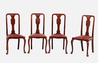 A Set of Four Queen Anne Style Mahogany Side Chairs with Velvet Upholstery, 20th Century.