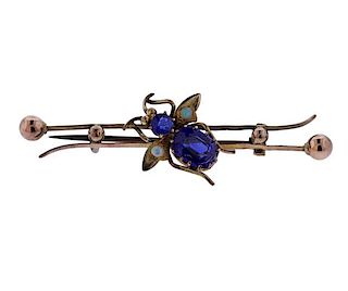 Antique 14K Gold Opal Blue Stone Insect Brooch Pin
