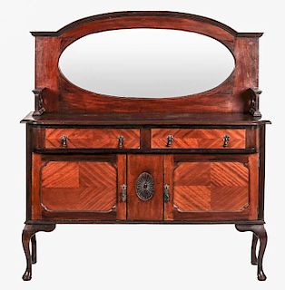 A Diminutive Queen Anne Style Mahogany Veneer Sideboard with Beveled Mirror, 20th Century.