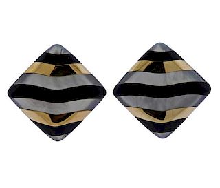 14K Gold MOP Black stone Inlay Square Earrings