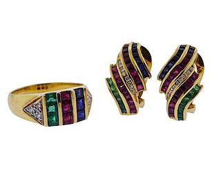 18k Gold Diamond Ruby Sapphire Emerald Earrings Ring Set 