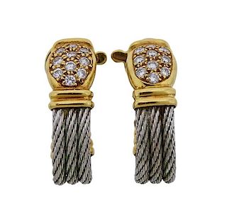 Fred Paris 18k Gold Steel Cable Diamond Force 10 Earrings 