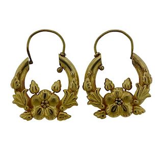 Antique 14K Gold Flower Motif Hoop Earrings