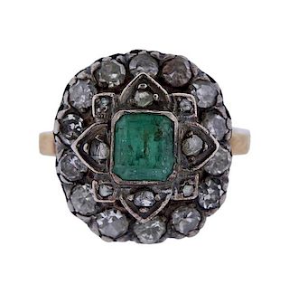 Antique 18K Gold Silver Diamond Emerald Ring
