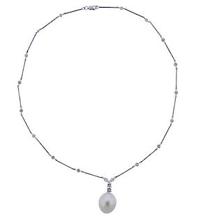 18K Gold Diamond Baroque Pearl Pendant Necklace