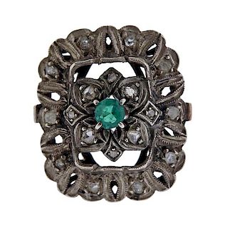 Antique 10K Gold Silver Diamond Emerald Ring