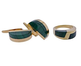 1970s 18K Gold Malachite Earrings Ring Set