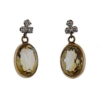 14K Gold Diamond Yellow Stone Drop Earrings