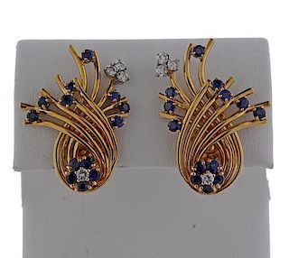 1960s 14k Gold Diamond Sapphire Earrings 