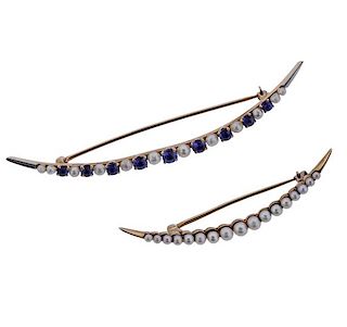 Antique Victorian 14K Gold Pearl Montana Sapphire Brooch Lot of 2