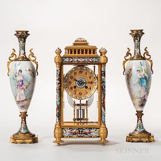 Dore Bronze, Porcelain, and Champleve Three-piece Clock Garniture