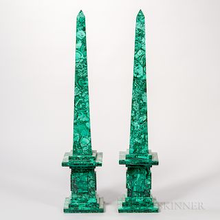Large Pair of Russian Malachite Obelisks