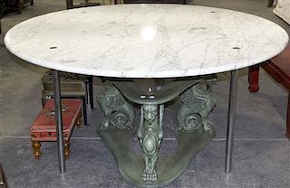 A Contemporary Marble and Steel Dining Table, Height 29 1/2 x diameter 67 inches.