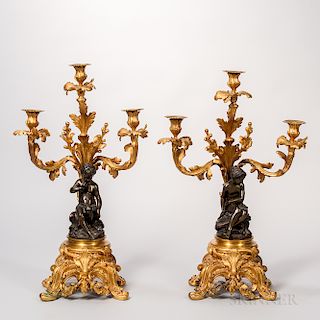 Pair of Patinated and Dore Bronze Figural Candlesticks
