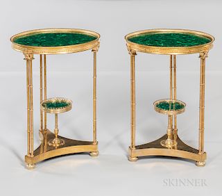 Pair of Neoclassical-style Gilt-metal and Malachite Two-tier Tables