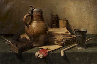 Jan Hendrik Eversen (Dutch, 1906-1995)  Still Life with Books, Jug, Clay Pipe, and Pewter Cup