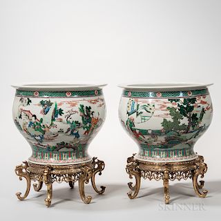 Pair of Ormolu-mounted Famille Verte Large Porcelain Bowls