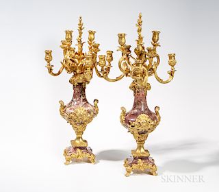 Pair of Louis XV-style Rouge Marble and Dore Bronze Eight-light Candelabra