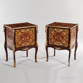 Pair of Louis XV-style Ormolu-mounted Marquetry Four-drawer Cabinets