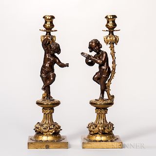Pair of Dore and Patinated Bronze Figural Candlesticks
