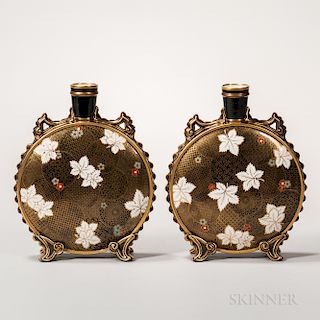 Pair of Royal Worcester Porcelain Aesthetic Movement Moon Flasks