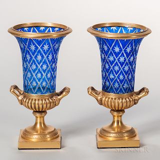 Pair of Gilt-bronze and Overlay Cut Glass Vases