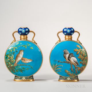 Pair of Minton Porcelain Turquoise-ground Moon Flasks