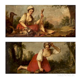 Continental School, 19th Century  Two Paintings of Women:  Pretty Country Maid with Hounds and Dead Game