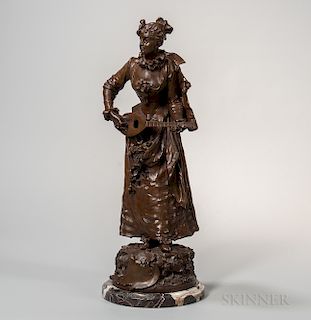 After Adrien Etienne Gaudez (act. France, 1845-1902)    Bronze Figure of a Maiden Playing Music