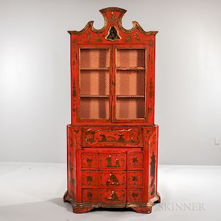 Painted and Gilded Chinoiserie Secretary Bookcase