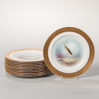 Twelve Aynsley China Hand-painted Fish Plates