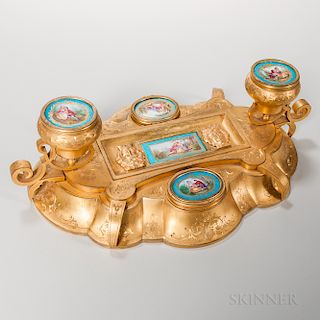 Dore Bronze and Sevres-style Porcelain Inkstand