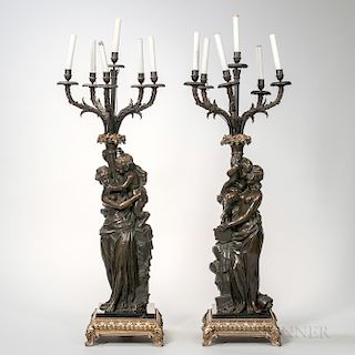Pair of Patinated and Gilt-bronze Figural Candelabra
