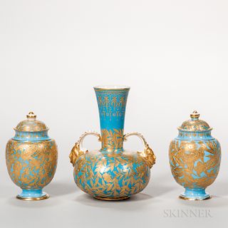 Three Derby Porcelain Powder Blue Vases