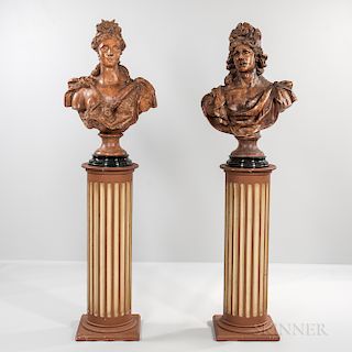 Pair of Italian Terra-cotta Busts on Wood Pedestals