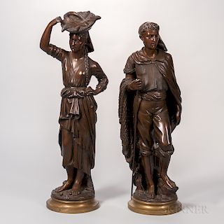 Albert Rolle (French, b. 1816)    Pair of Bronze Figures of a Fisherman and Woman