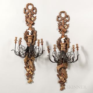 Pair of Decorative Carved Wood, Wrought Iron, Tole, and Porcelain Five-light Wall Sconces
