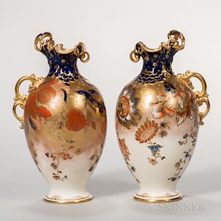 Pair of Royal Crown Derby Imari-style Art Nouveau Ewers