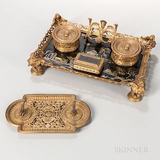 Dore Bronze and Chinoiserie Decorated Wood Inkstand and Pen Holder