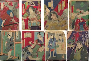 Eight Toyokuni Wooblock Prints.