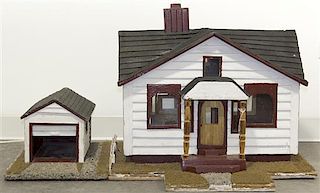 A Painted Wood Model House, Height 21 x width 40 x depth 25 3/8 inches.