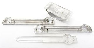 A Lalique Frosted Glass Desk Set, Length of blotter ends 12 1/2 inches.