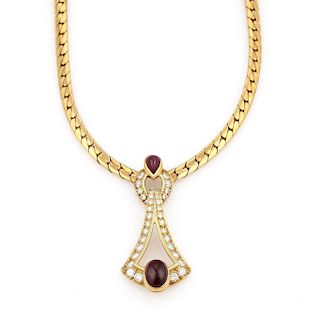 Cartier 18k YG Diamond Ruby Cabochon Necklace